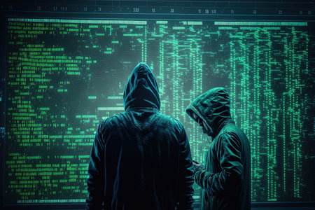 Programmers are speculating about the origin of cyberattacks and system security. By updating the safety script codes and data processor sequencer a software technician triangulates the location of the hackerの素材