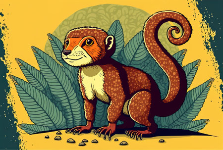 mongoose of the jungle. colorful lovely safari circus or zoo cartoon ape with lianna exotic wildlife print for kids and African flora. a single standalone instanceの素材