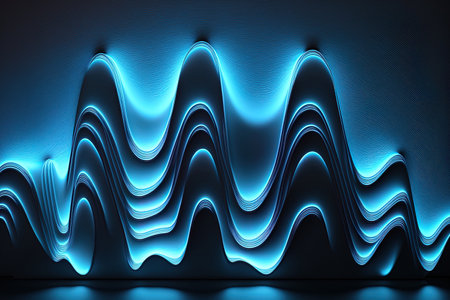 bright background with a glowing wavy line that is minimally abstract. LED lamps are used to illuminate a dark wall. futuristic blue wallpaperの素材