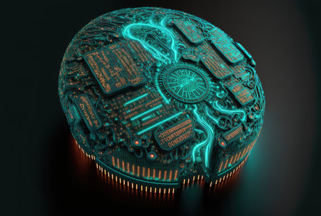 glowing information on an artificial brain. A good artwork with technology artificial intelligence and extraterrestrial elementsの素材