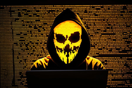 hacking attack and cyber security concept with glowing digital yellow hacking word on hacker silhouette with laptop background double exposureの素材