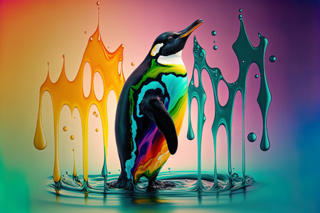 abstract composition in fluid art Imaginatively colored backdrop with a penguin silhouette on it Penguin silhouette on a colorful backdropの素材