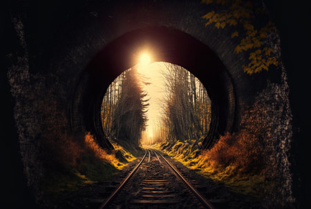 railroad tunnel with a gloomy inside and a view of the sun. Through the tunnel aperture one can see train tracks extending out into the horizon. trees and woodlandsの素材