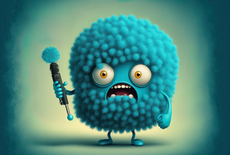 virus agents assault the fluffy comic book mascot of a charming fluffy bacterium with a viral diseaseの素材