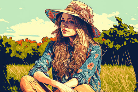 Young hipster woman sitting in the grass for a summertime photograph on a beautiful day. Young attractive woman in a hat dressed in a boho attire and indie fashion while on vacation in the sunの素材
