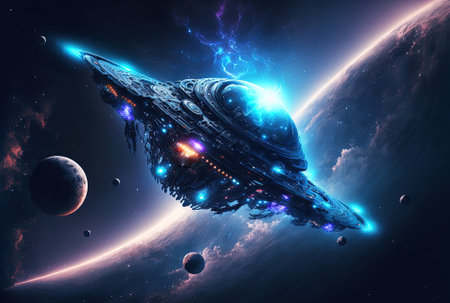 spaceship Digital artwork of an alien spaceship soaring through the universe with planets and stars while journeying across deep spaceの素材