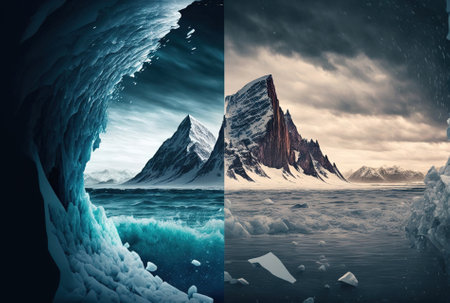 image of a snowy mountain in the distance and a frozen sea in the vertical position both set against a gloomy skyの素材