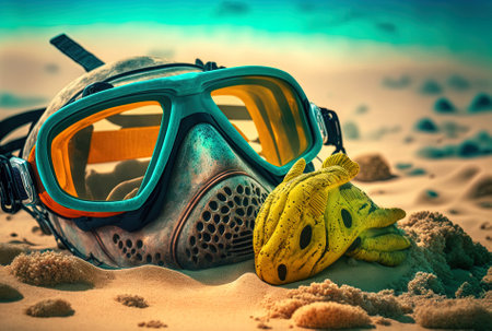 snorkeling equipment and diving masks at a beach with beautiful sand. Summertime getaways and leisure tripsの素材