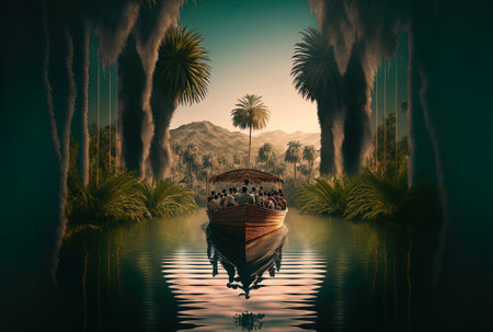 People aboard a boat are seen in a vertical image in the middle of a lake while palm palms can be seen in the backgroundの素材