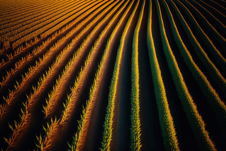 Rows of corn shoots in a cornfield ripening cornfield in sunset light aerial perspective agriculture idea rural scene with maize field and autumnal moodの素材