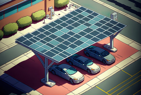 Using photovoltaic technology solar panels are effectively put as a shade roof over parking lots containing parked automobiles to provide clean powerの素材