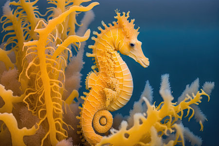 A bright yellow sea horse perched on an orange sea fan. Generative AIの素材
