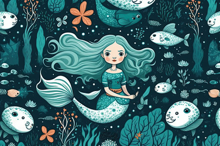 A lovely mermaid sea seamless pattern with coala fish. History of Children. Generative AIの素材