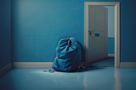 A mental image of being packed and ready to depart. A solitary bag in a blue room with ample copy space. Generative AIの素材