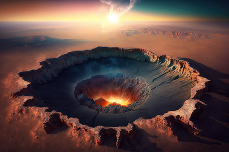 A crater is a mark left on the ground by an explosive, such as a shell, mine, or meteor. Generative AIの素材