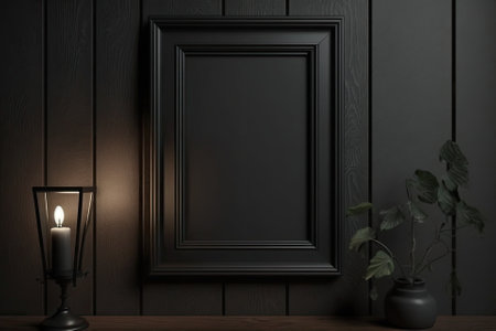 A black photo frame affixed to a dark hardwood wall. Mockup in its blankest form. Generative AIの素材