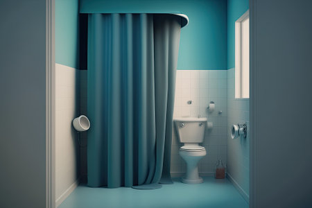 A toilet and a shower separated by a blue curtain in a tidy residential bathroom. Generative AIの素材