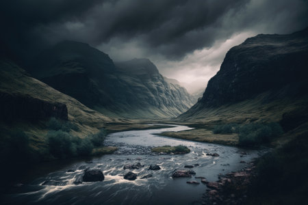 A wide mountain river winds through a misty mountain landscape dotted with hills and rocks. Mountainous backdrop with a wide, winding river winding through a lush valley in the rain. Cloudy, miserable. Generative AIの素材