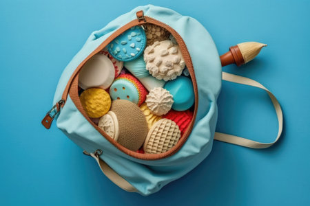 Beach gear for the summer, displayed in an open bag with a blue background, seen from above. The idea of a vacation trip. Generative AIの素材