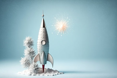 Artistic arrangement with a silver rocket on a light blue background. Simple Christmas idea. Generative AIの素材