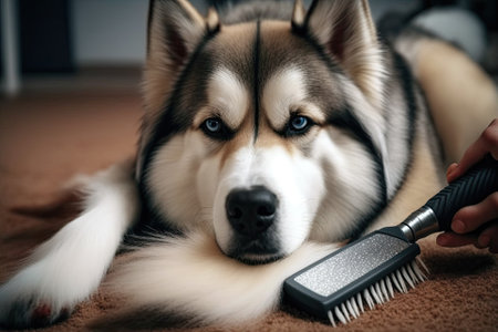 A brown Siberian Husky is shown in a shedding photo, lain on a carpet with his owner brushing off the loose hair. Grooming your dog regularly and using a converter for ideas is important for its well . Generative AIの素材