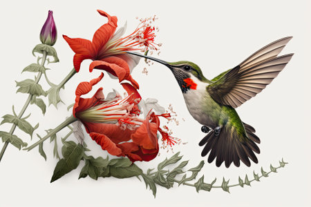 A ruby throated hummingbird, its tail spread wide open, dives headfirst into a vivid red columbine bloom. Against a plain white background. Generative AIの素材