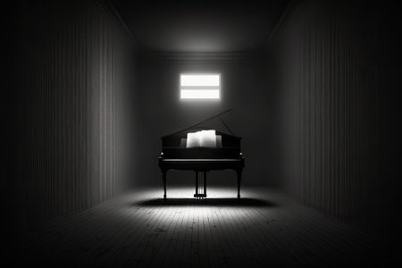 A blank sheet of music rests on top of an electric piano in this frontal view of a darkened room with a piano keyboard. Generative AIの素材