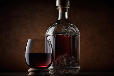 Bottle of red wine in a glass container. Generative AIの素材