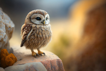 An adorable tiny owl (Athene noctua) perches on a stone against a scenic backdrop. Generative AIの素材