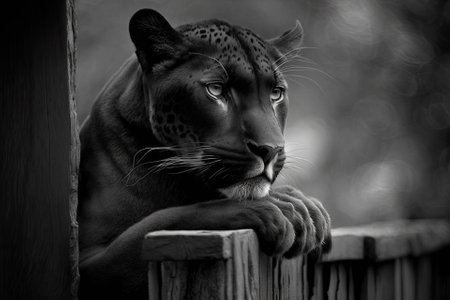 Black and white photo depicting a mournful panther expresses sadness for the animal kingdom. Generative AIの素材