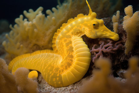 An endangered yellow big bellied sea horse lazily lounges on coral. Generative AIの素材