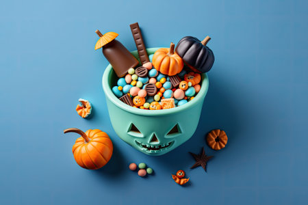 A thought for Halloween. Various Halloween candies shown in a pumpkin pot, seen from above, on a blue solid background. Mockup of a Halloween Party Greeting Card. Generative AIの素材