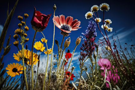 Against a blue sky, a photograph of the vibrant wildflowers flowering outside Savill Garden in Egham, Surrey, UK. Generative AIの素材