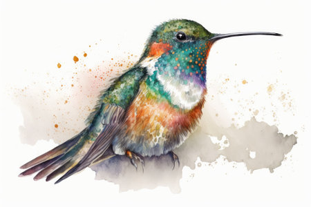 Aquarell painting of a hummingbird. Drawing by itself, on a white background. Generative AIの素材