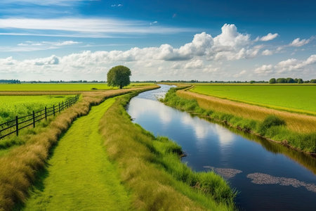 Dutch polder and water area with green meadow in the summer countryside, beneath a blue sky. Along the road in the countryside of Noord Holland, the Netherlands, a little canal or ditch can be seen. Generative AIの素材