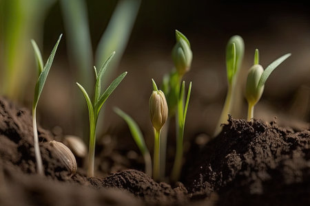 Close up of wheat seedlings growing in the field. Generative AIの素材