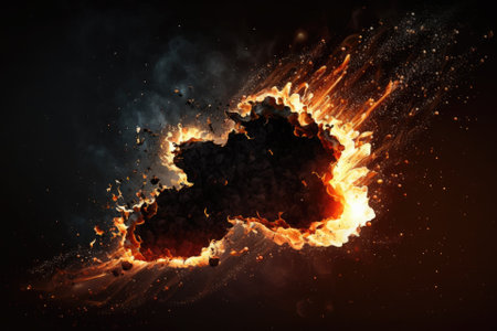 Angry flames and blazing sparkles sprang from the massive blaze. Exquisite fire themed abstract background. Coal fire with sparks and embers shooting off against a pitch black backdrop. Generative AIの素材