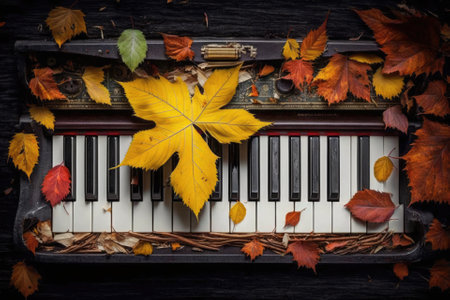 Concept for education, going back to school the keys of an old piano are surrounded by the yellow and red leaves of a maple tree. Generative AIの素材