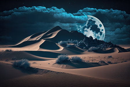 Dune and hill landscape in the desert at night, cloudy sky and blue hues. Generative AIの素材