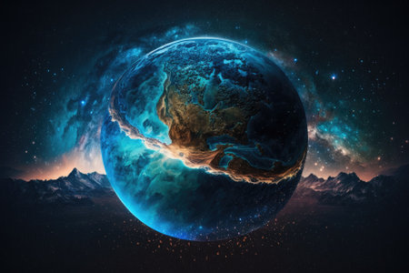 Earth, a blue world with oceans and continents, against a starry night sky. Generative AIの素材