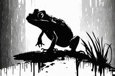 a silhouette of a frog, drawn in black and white in a cartoonish style. Generative AIの素材
