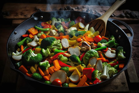cooked vegetables in a pan stir fry. Generative AIの素材