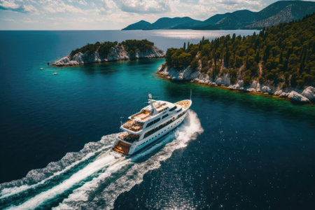 Croatia. Luxury yachts cruising the open sea. Flying over a luxury yacht in the Adriatic Sea on a bright, sunny day. Photos from your travels. Generative AIの素材