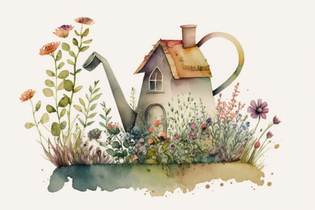 Cute flowers and a miniature watercolor home perched on a hillside on a white backdrop. open field in the summer. Create a card, border, banner, or whatever else you need with this illustration. Adora. Generative AIの素材