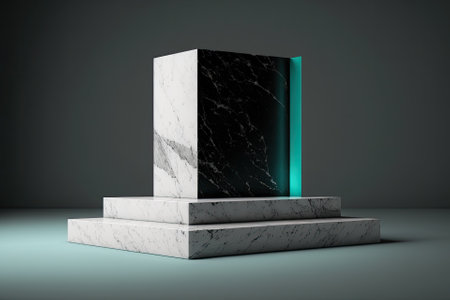 Dead White Marble Podium made of Terrazo stone, with a smoky background and edgy dark turquoise and black accents for a dramatic stage setting. General Context of Presentation Abstract. Generative AIの素材