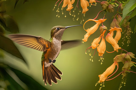 Brown Bird of the genus Colibri delphinae, sometimes known as the violet ear, in its natural environment, a verdant tropic forest, Sumaco, Ecuador, South Africa. Nature in the jungle. Hummer flies. Generative AIの素材