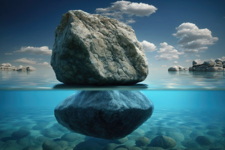 A stone in the water is seen vertically while the sky is clear and blue. Generative AIの素材
