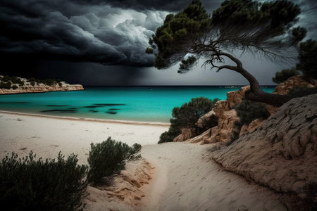 Es Trenc beach with an ominous overcast sky. The Spanish island of Mallorca Balearic Islands, Mediterranean Sea. Generative AIの素材