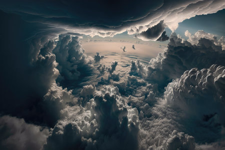 From up high, a panorama of gray clouds fills the sky. Generative AIの素材