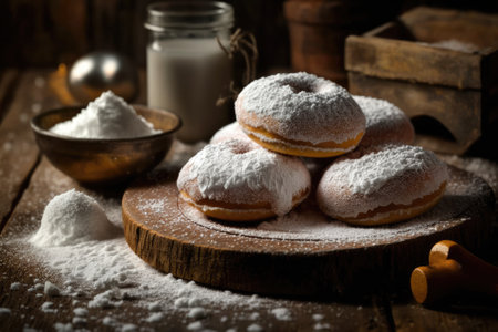 Gourmet donuts covered in powdered sugar and displayed at a carnival are shown up close on a wooden table. Generative AIの素材